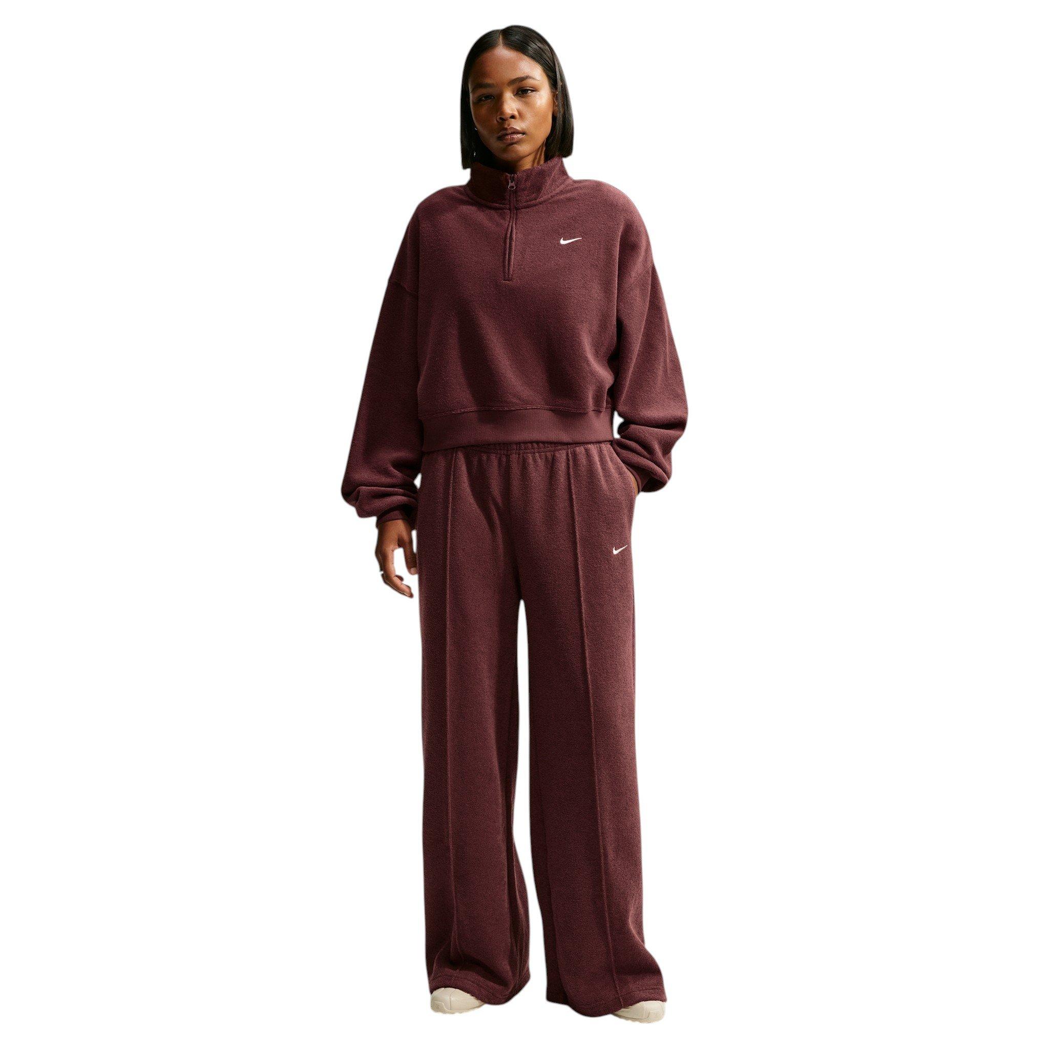Nike Women's Studio Fleece Plush Mid-Rise Wide-Leg Sweatpants - Burgundy - BURGUNDY